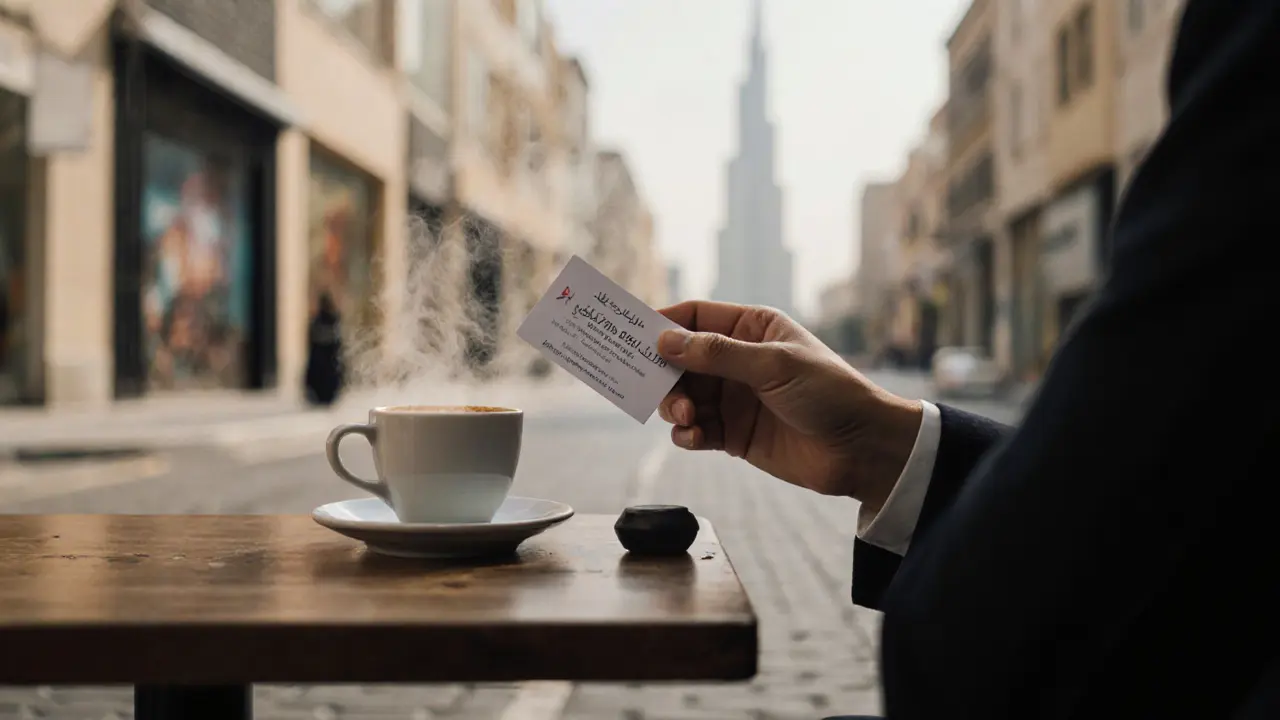A business card and cup of coffee on a table, symbolizing discreet, respectful companionship in Dubai.