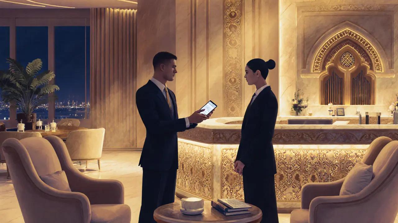 A companion and client meet in an illuminated hotel lounge, checking their phones discreetly.