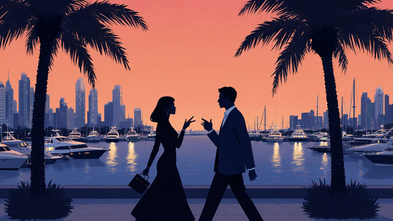 A companion and client walk along Dubai Marina at dusk, exploring the city’s hidden corners together.