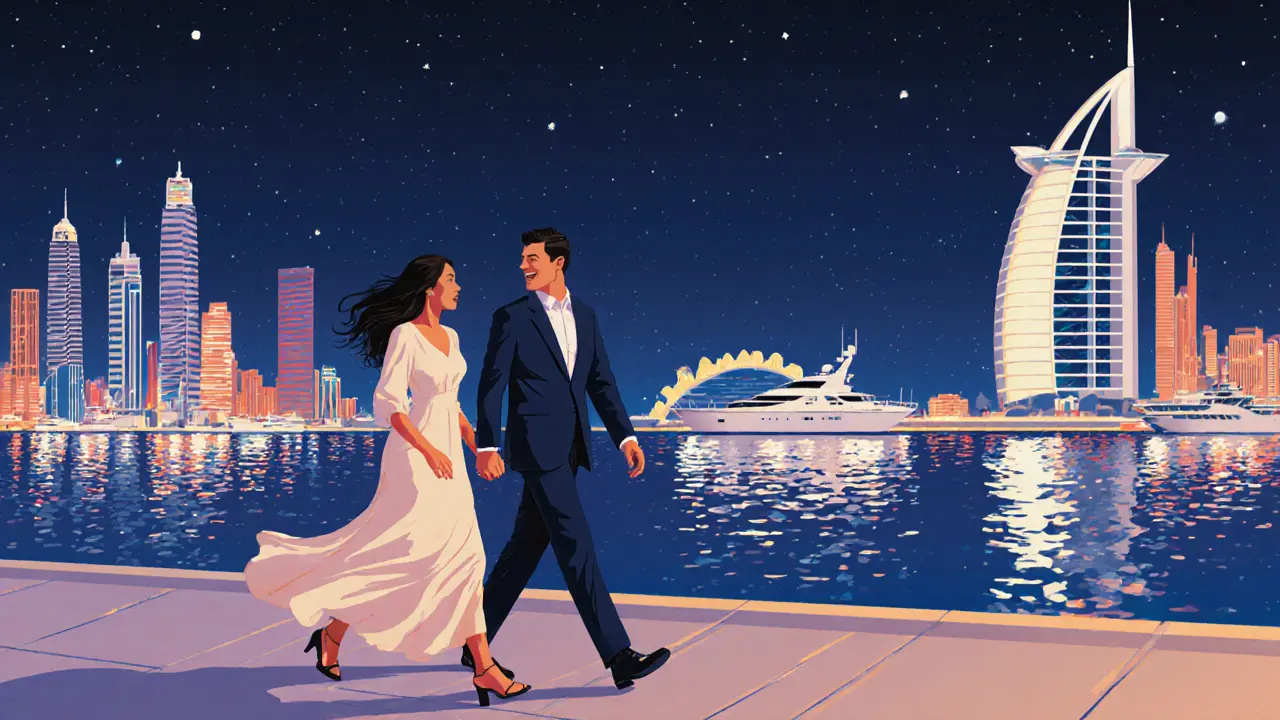 A man and woman walking along the Dubai Marina at night, enjoying the city skyline together.