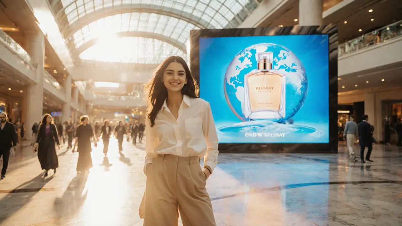 A model posing in a luxury Dubai mall beside a giant perfume advertisement.