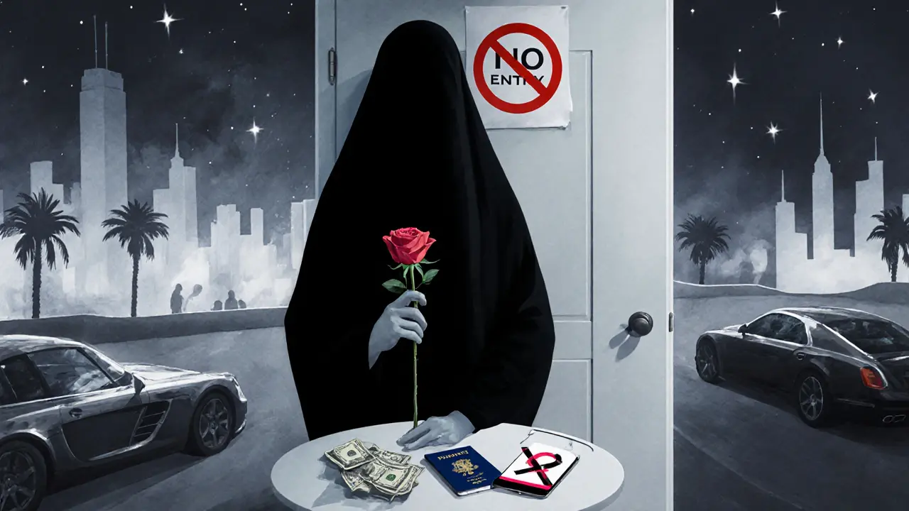 A rose beside a closed door with a 'No Entry' sign, symbolizing boundaries in Dubai's escort scene.