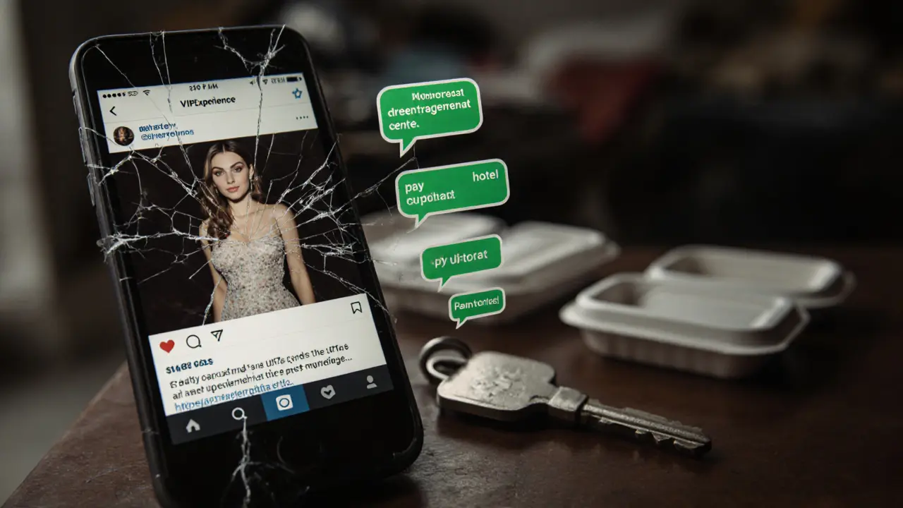 A smartphone showing coded escort ads in a cluttered expat apartment, symbolizing deception.