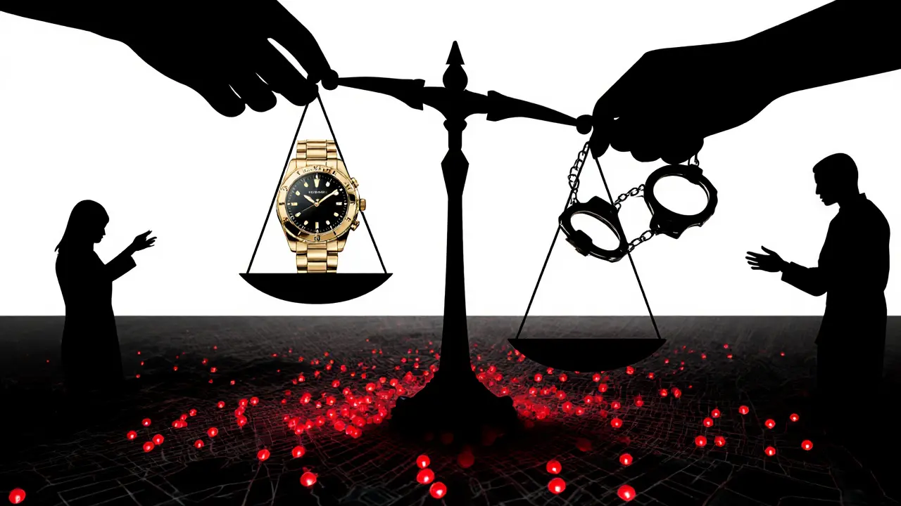 A symbolic scale balancing luxury and handcuffs over Dubai, representing moral and legal risk.