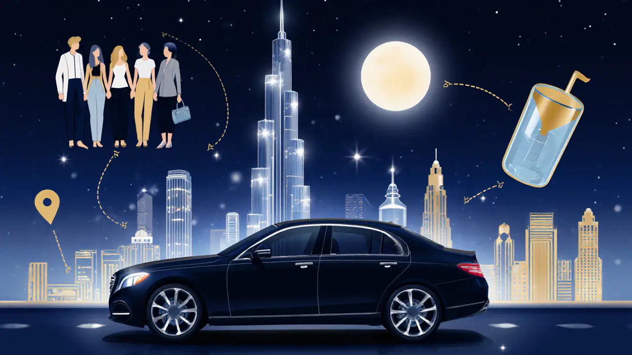 Collage showing a ride‑hailing car by the Burj Khalifa with icons for group travel, location sharing, hydration, and drink safety.