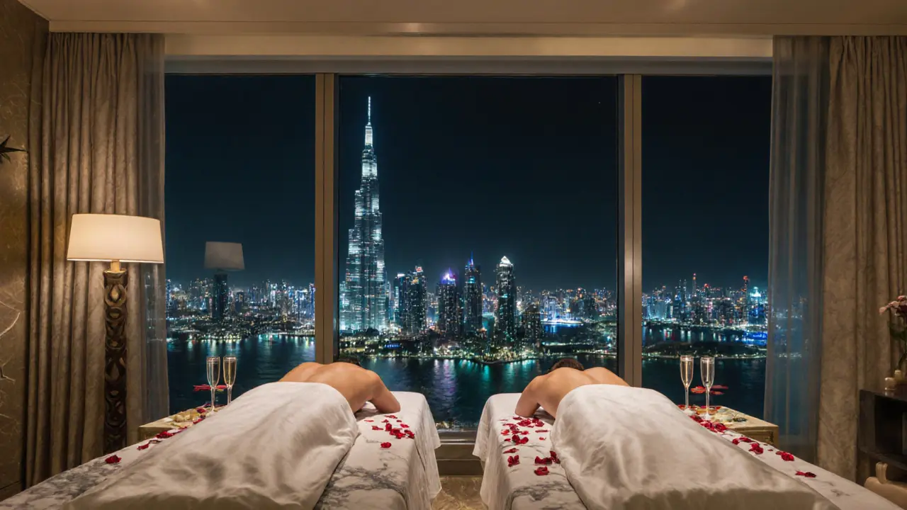 Couple enjoying a spa session with rose petals, champagne, and a view of Dubai’s skyline.