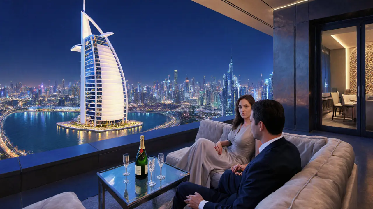 Couple enjoying champagne on a rooftop bar with the Burj Al Arab lit in the background.