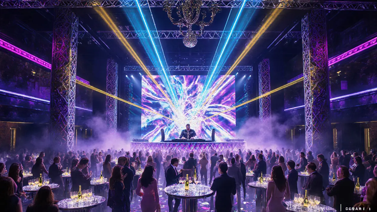Crowded luxury nightclub with laser lights, DJ booth, and bottle service tables.