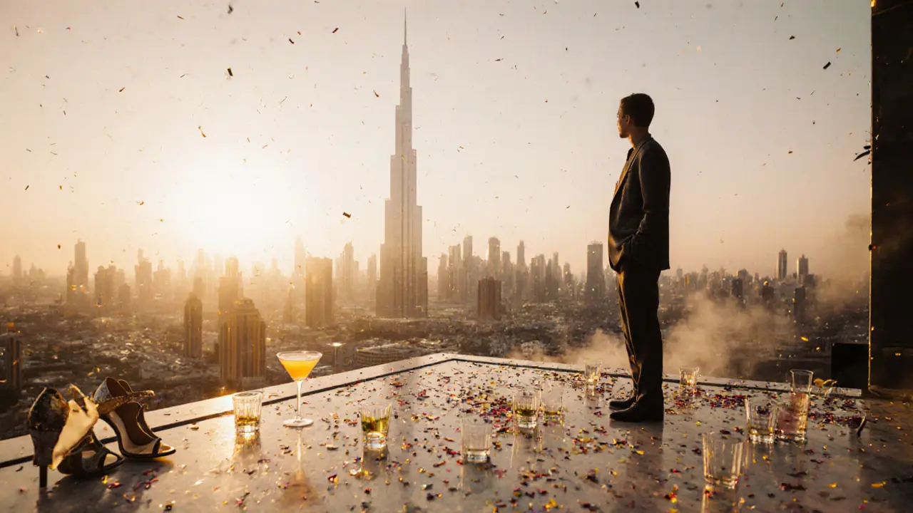 Dawn at Sky Lounge rooftop with empty glasses, rising sun over Dubai skyline.