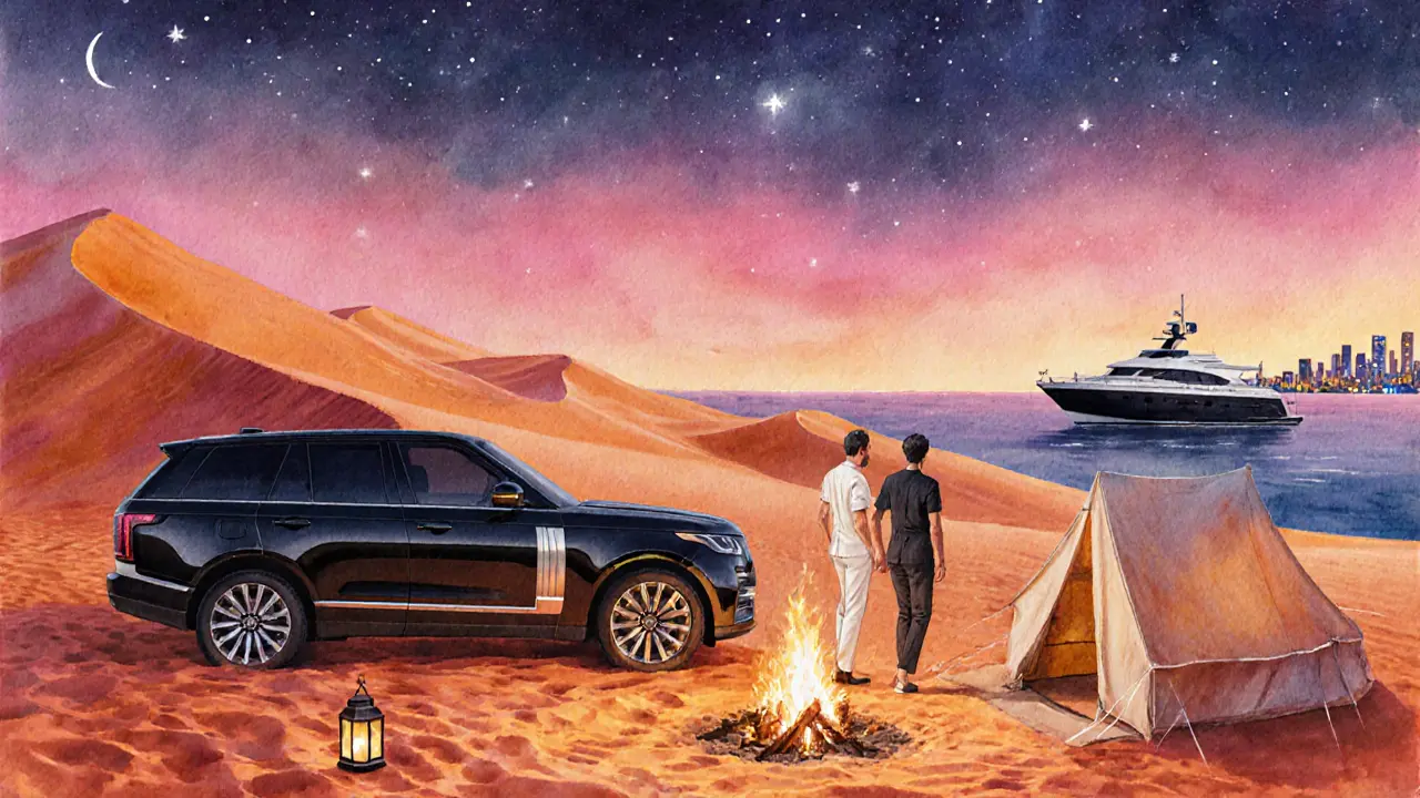 Desert sunset scene with SUV, companion, and yacht under starry sky.