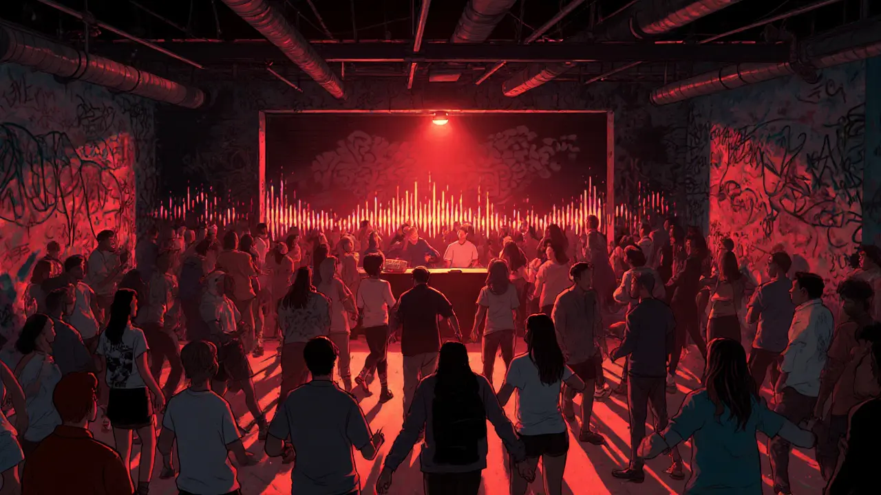 Diverse crowd dancing in a dim underground club with pulsing sound waves and graffiti walls.
