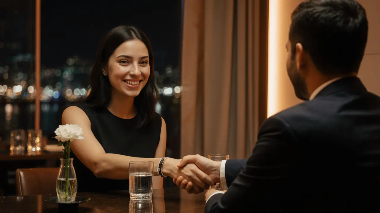 Elegant companion and client meeting in a modern café, exchanging a safety wristband.
