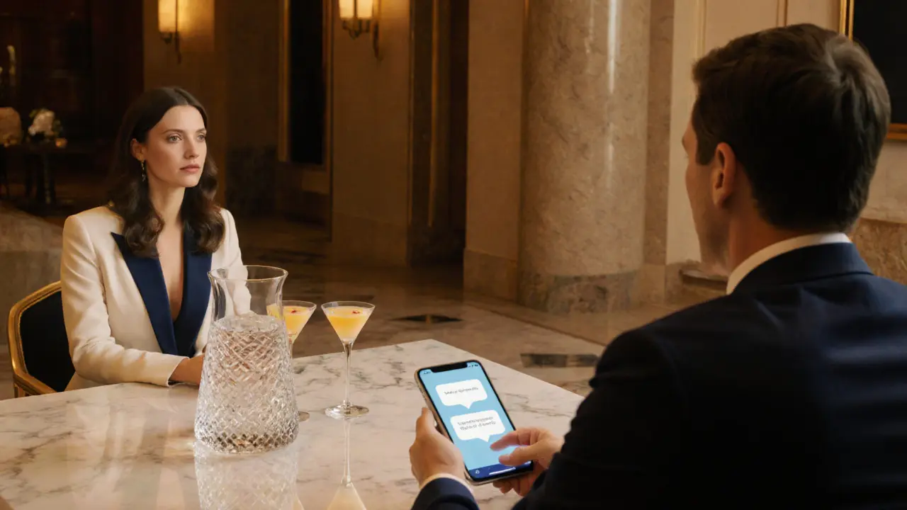 Elegant hotel lobby meeting with discreet smartphone showing encrypted chat.