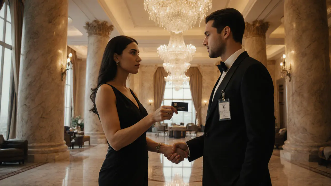 Elegant hotel lobby where a companion and client exchange a discreet card.