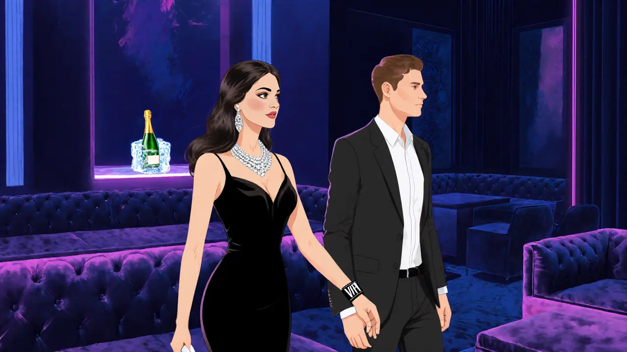 Escort leading traveler into a VIP nightclub lounge with champagne.
