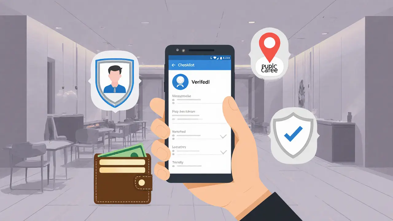 Flat illustration of a phone, ID badge, location pin, and shield conveying safety.