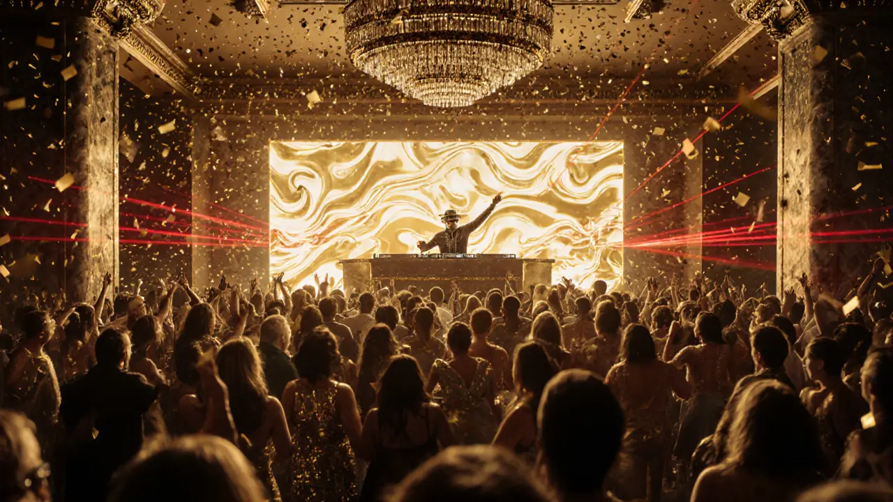 Golden‑themed party inside Cavalli Club with DJ, vibrant lights, and dancing crowd.