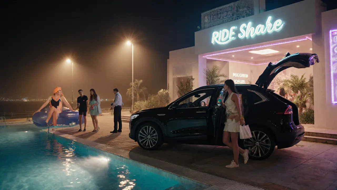 Guests leaving a pool party using ride‑share, holding water bottles, with safety staff nearby.