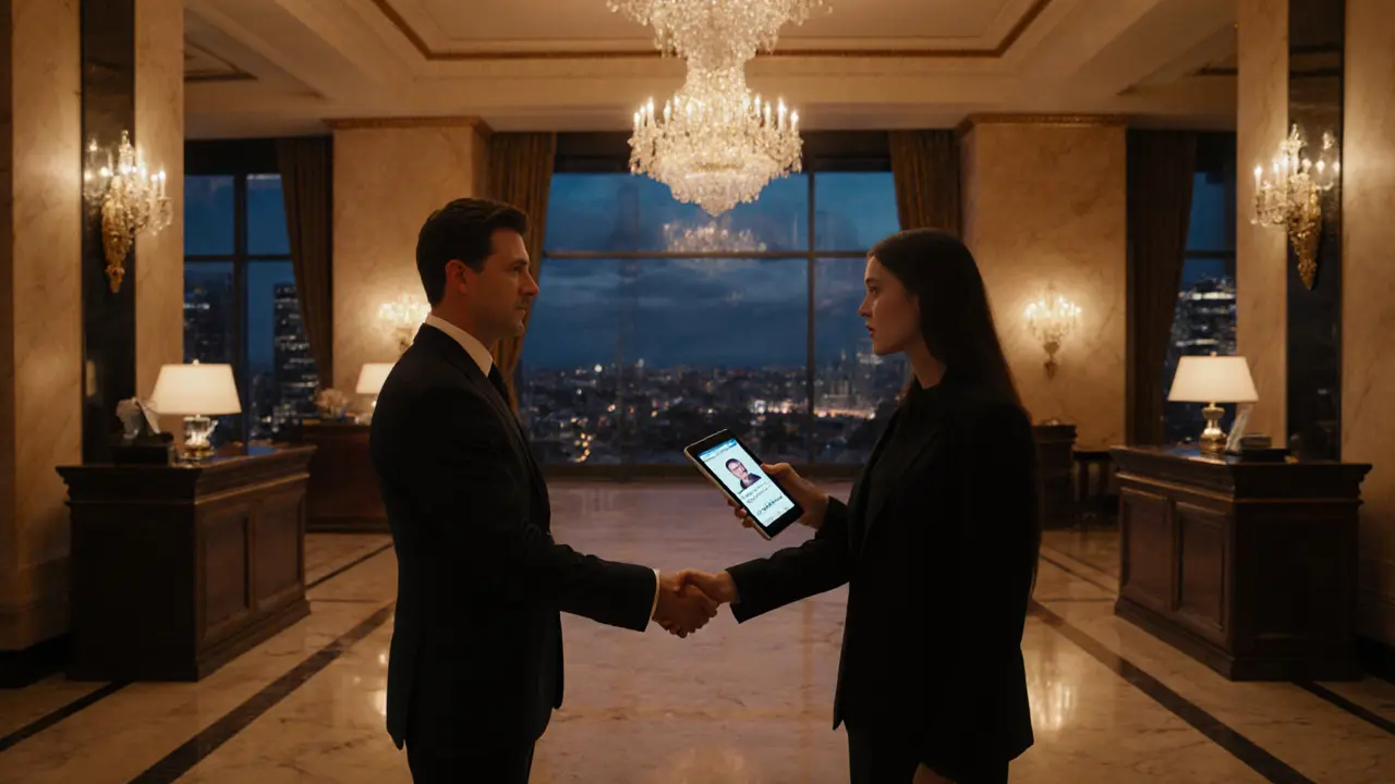 Handshake in hotel lobby with ID verification and warm lighting.