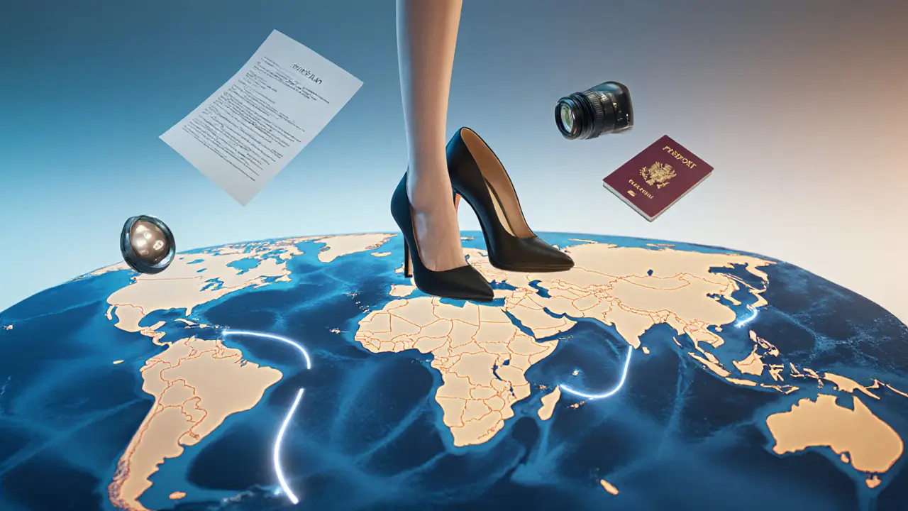 High-heeled shoes on a global map with glowing routes from Dubai to major fashion cities.