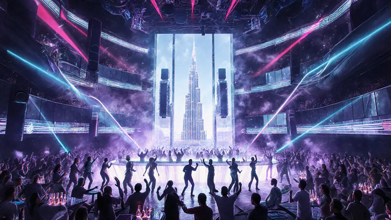 Interior of White Dubai nightclub with neon lights, dancers, and Burj Khalifa view.