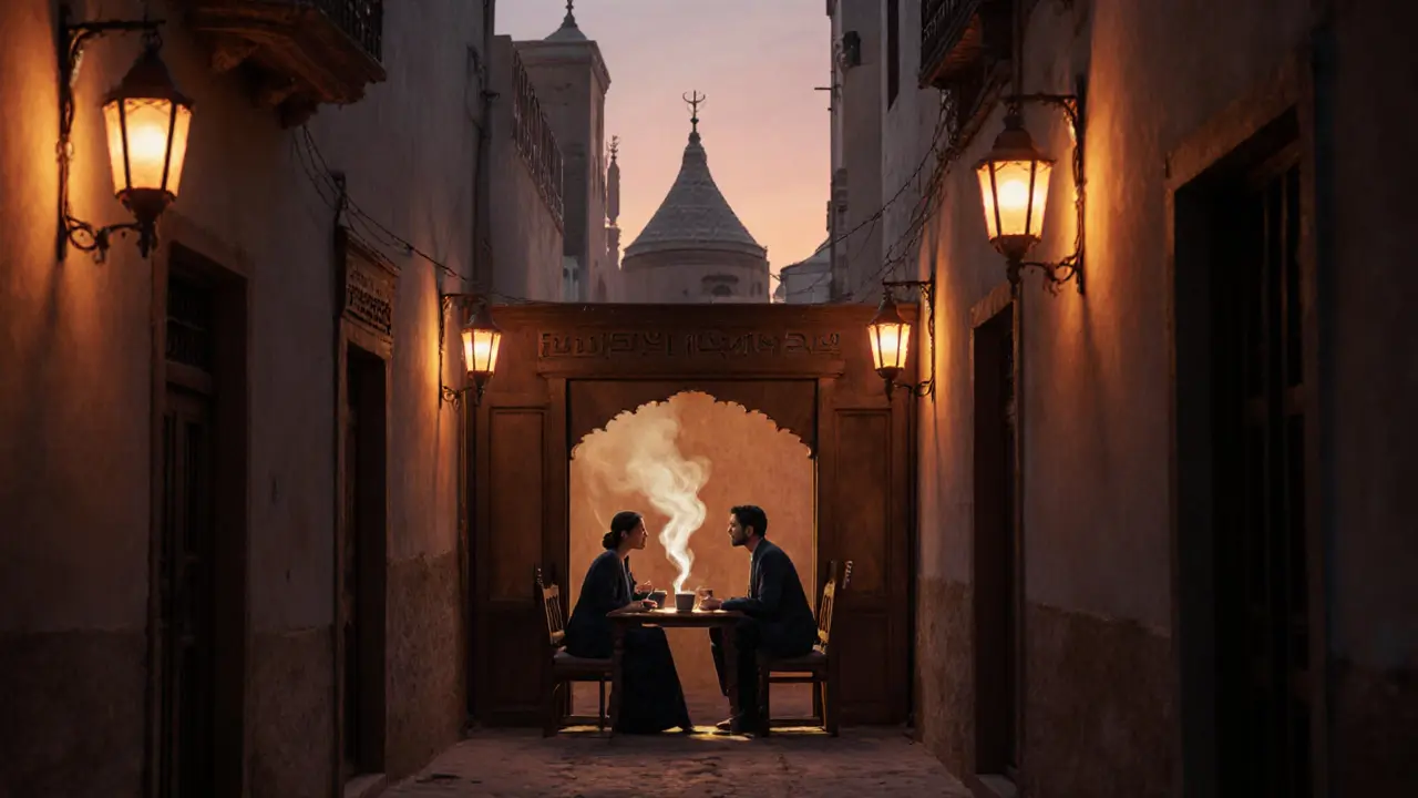 Intimate tea scene in Al Fahidi district at night, companion and client sharing coffee under lantern light.