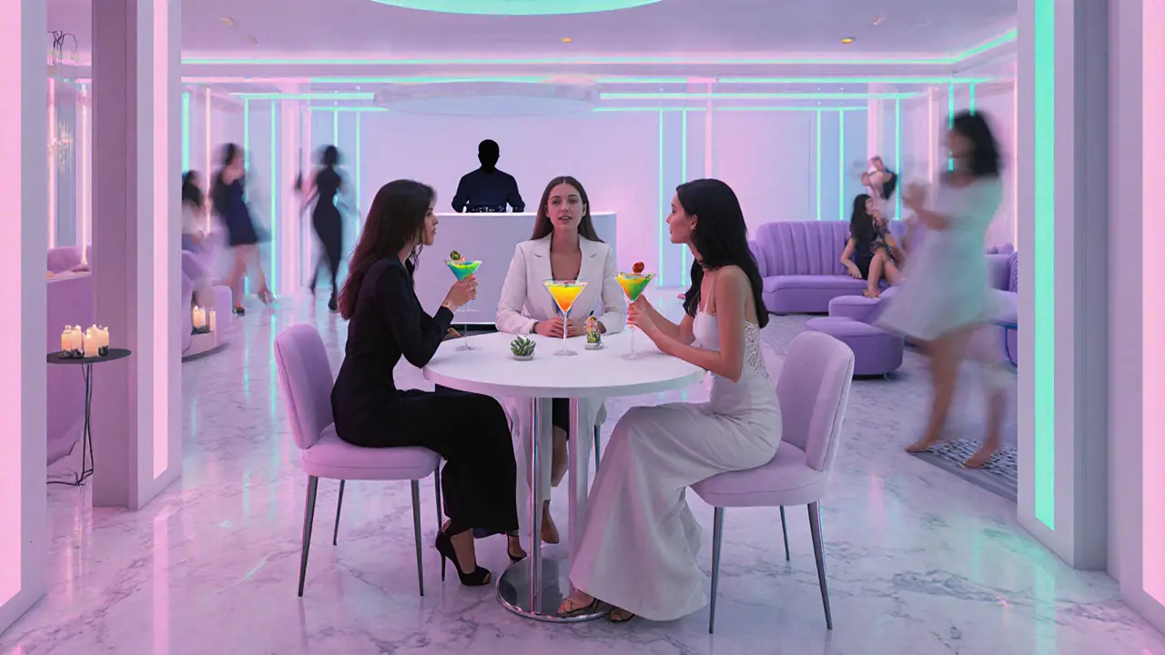 Ladies enjoying cocktails at a pastel‑neon club table with DJ and women‑only lounge in the background.