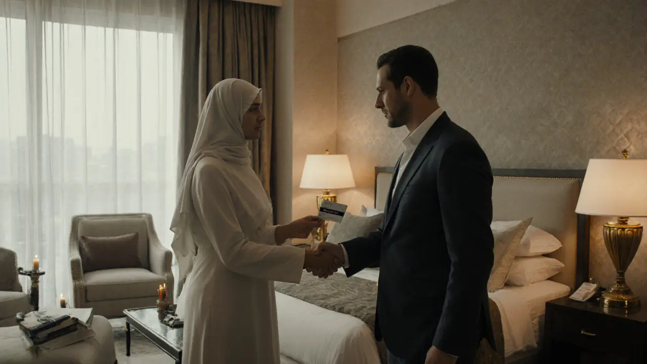 Luxury hotel suite with client and companion exchanging a discreet ID and handshake.