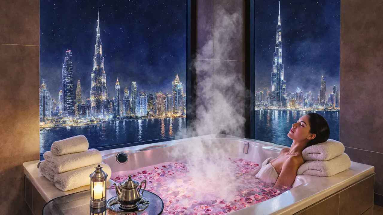 Nighttime spa suite with jacuzzi overlooking Dubai skyline, candles and tea set.