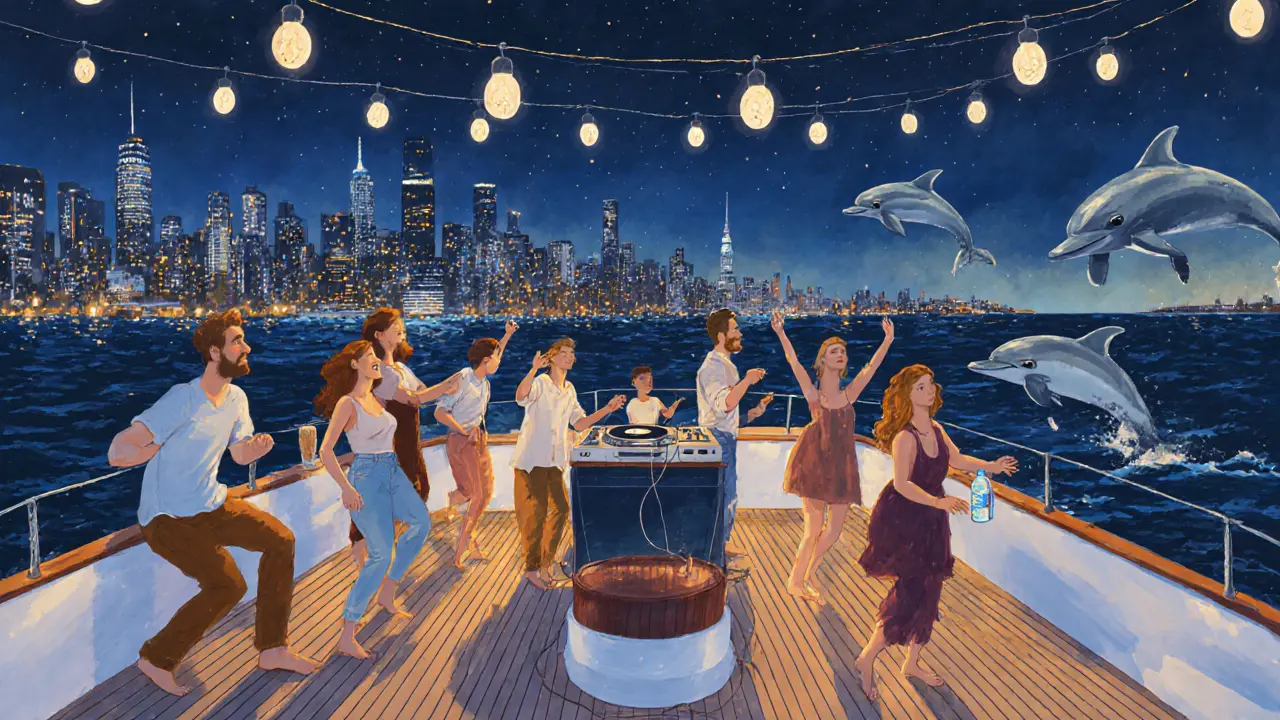 People dancing on a lit yacht at night with dolphins swimming nearby and the skyline glowing.