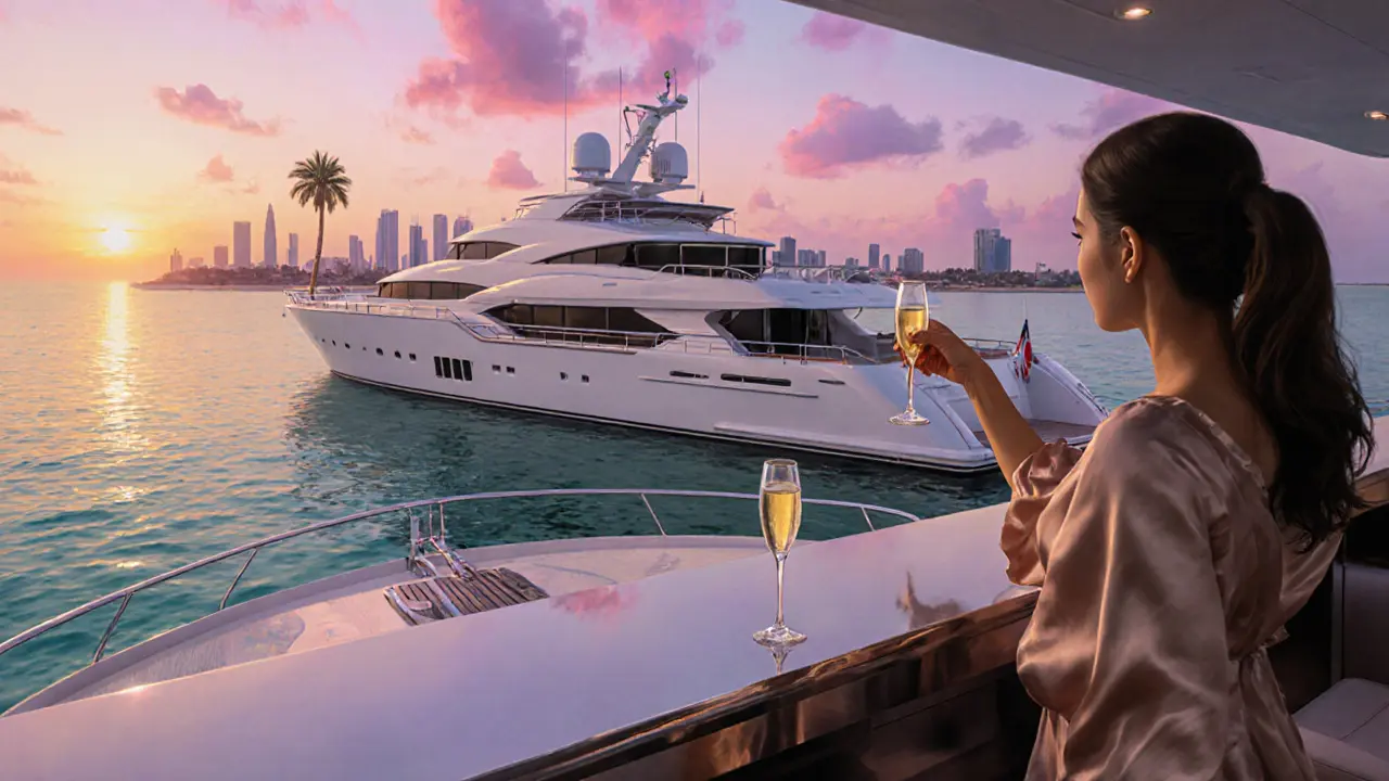 Private yacht at sunset near Palm Jumeirah, companion toasting with champagne against a pink sky.