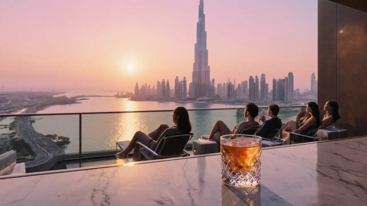 Rooftop bar at sunset showing a cocktail glass with the Burj Khalifa in the background.