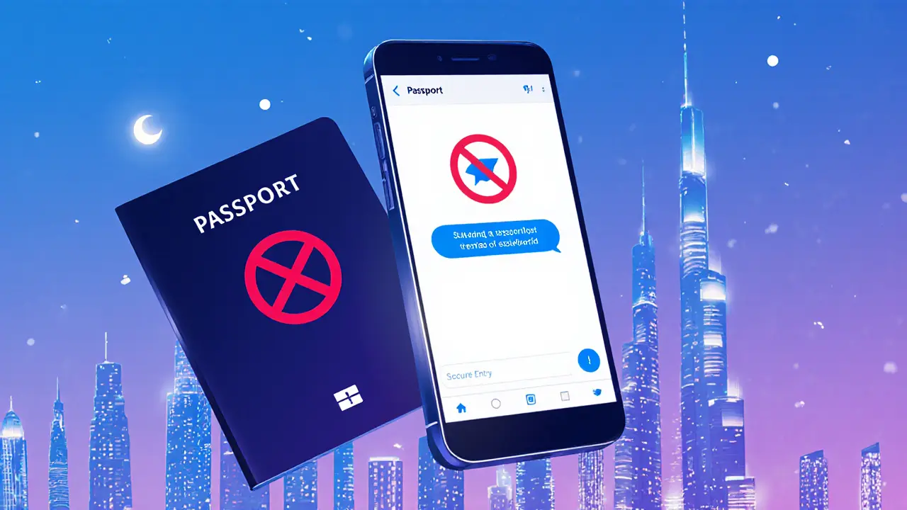 Secure phone with encrypted chat next to a passport marked no‑entry over Dubai skyline.