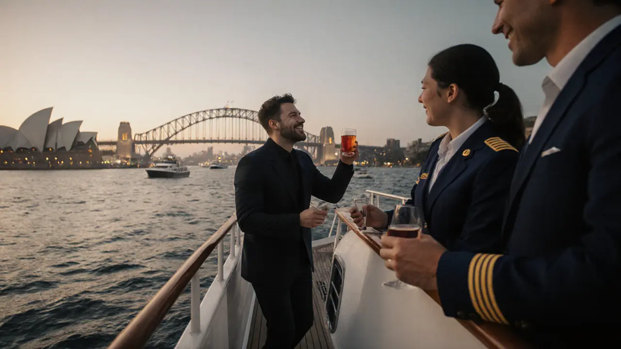 Solo traveler boarding a yacht at twilight, greeted by a crew member with a welcome drink.