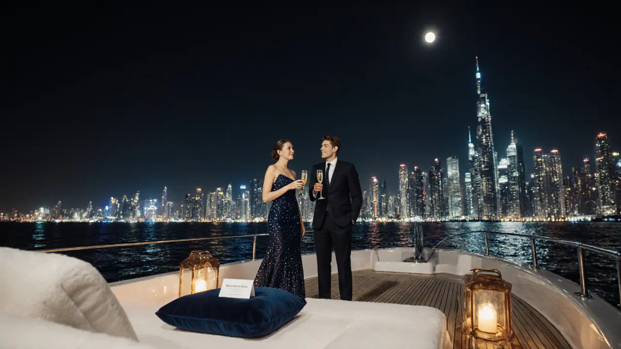 Sophisticated couple on a yacht at night, champagne in hand, city lights glowing.