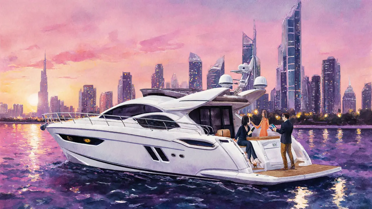 Sunset yacht scene with companion and client using a phone for secure payment.