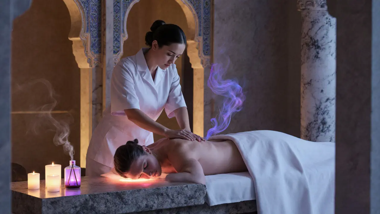 Therapist giving an aromatherapy massage with lavender oil in a tranquil spa room.