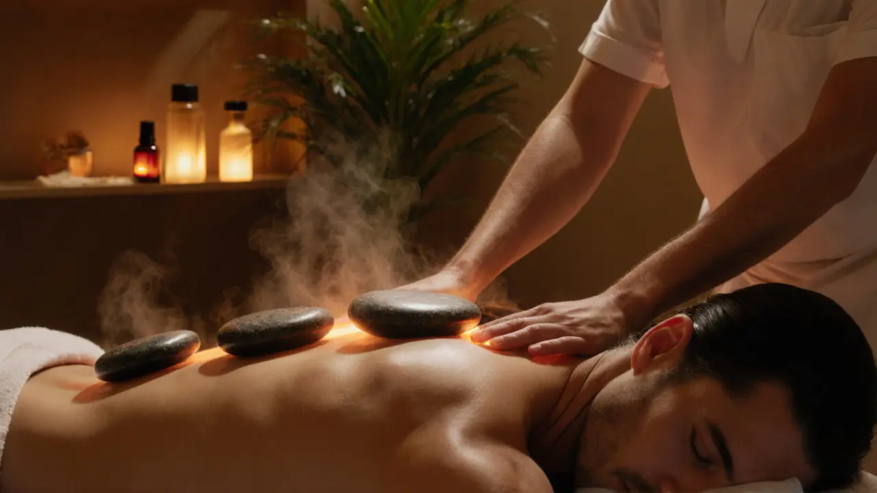 Therapist using heated basalt stones for a hot‑stone massage beside aromatic oil bottles.