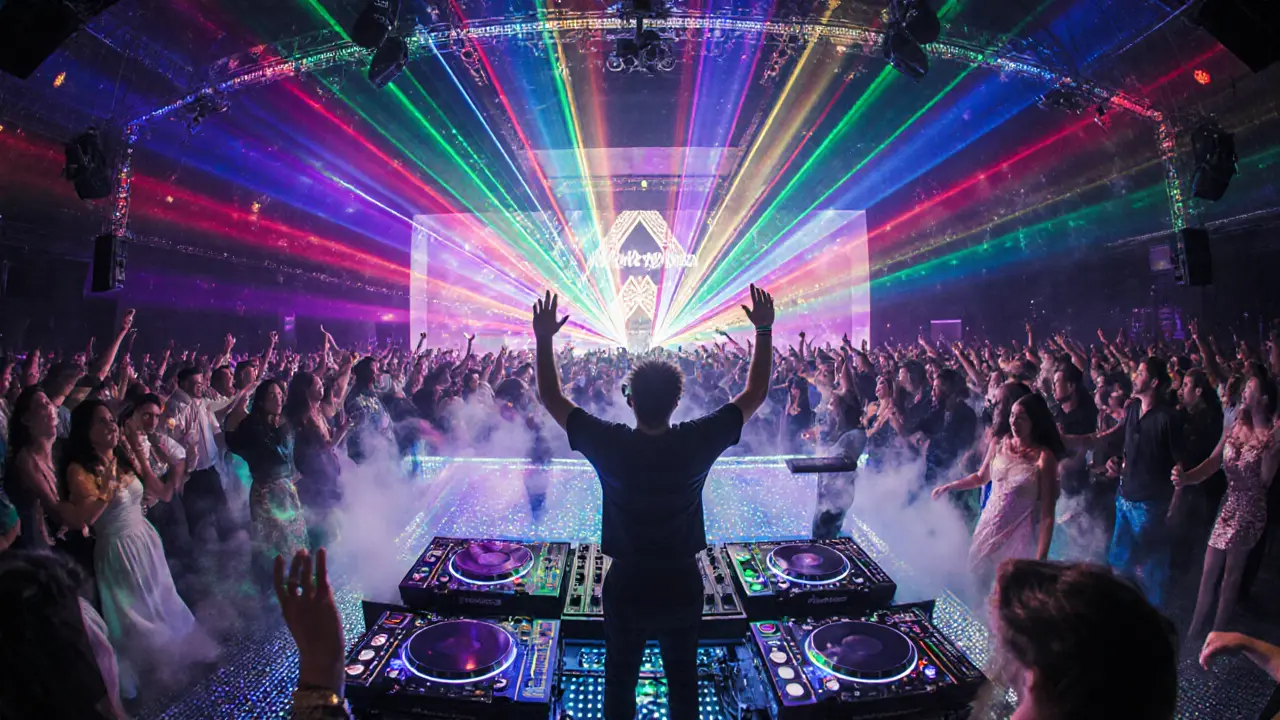 Upscale nightclub interior with laser lights, a pool dance floor, and a DJ performing.