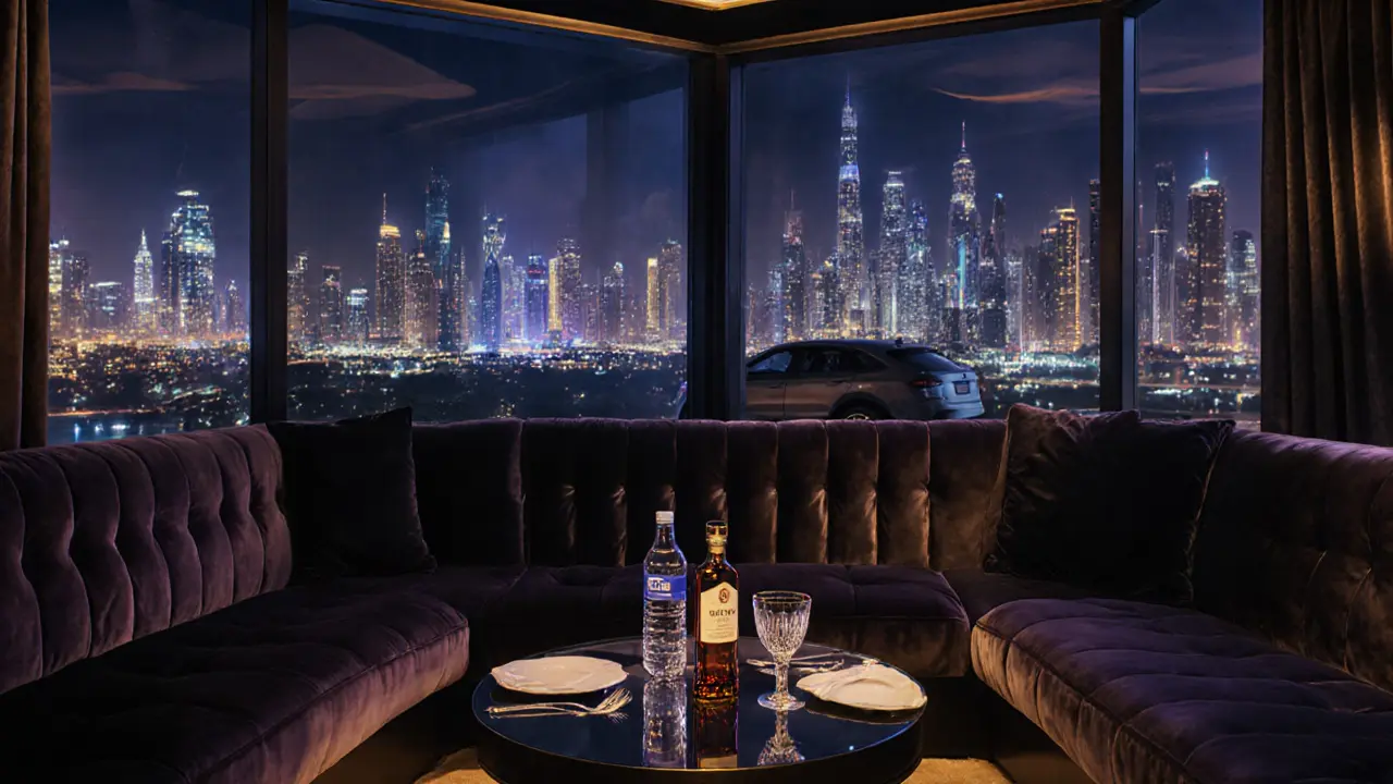 VIP lounge area with plush seats, premium bottle, and night city view through windows.