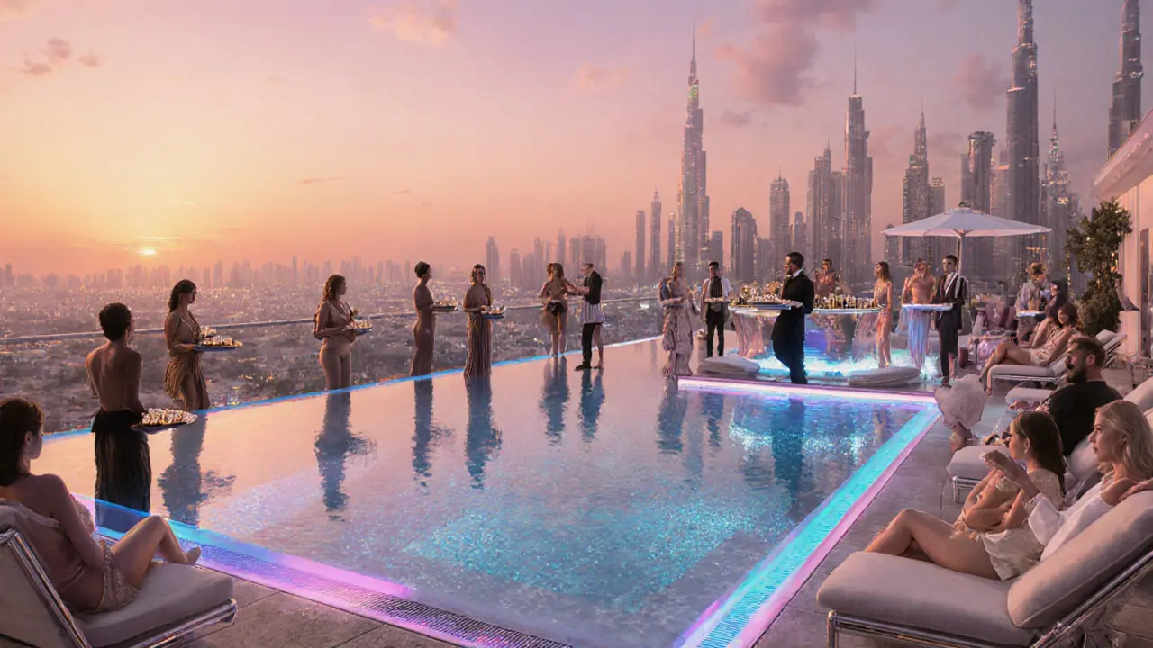 VIP rooftop pool party with cabanas, champagne service, and sunset skyline view.
