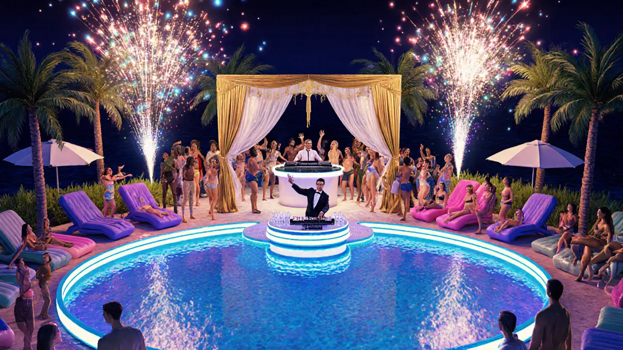 Zero Gravity island pool party with fireworks, VIP cabana and dancing crowd.