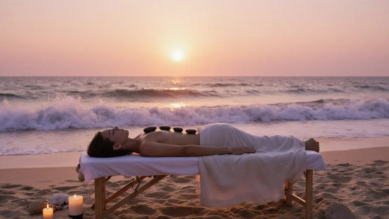 A beachside massage at sunset with ocean waves, warm sand, and golden light bathing a relaxed person on a massage table.