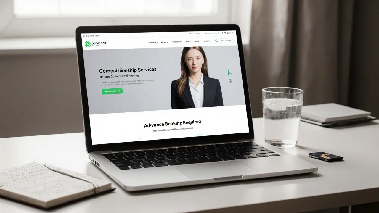 A clean, professional escort service website on a laptop, showing privacy-focused details and no explicit content.