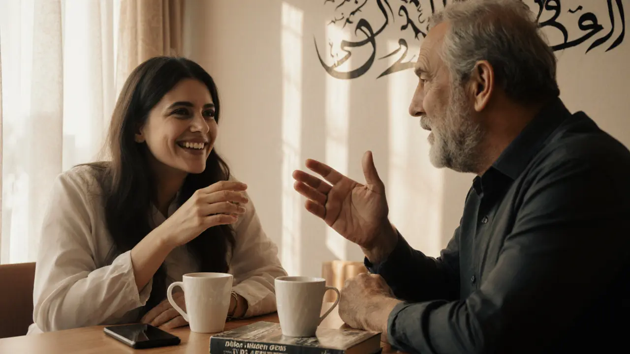 A client and escort sharing a thoughtful moment in a cozy Dubai café during afternoon light.