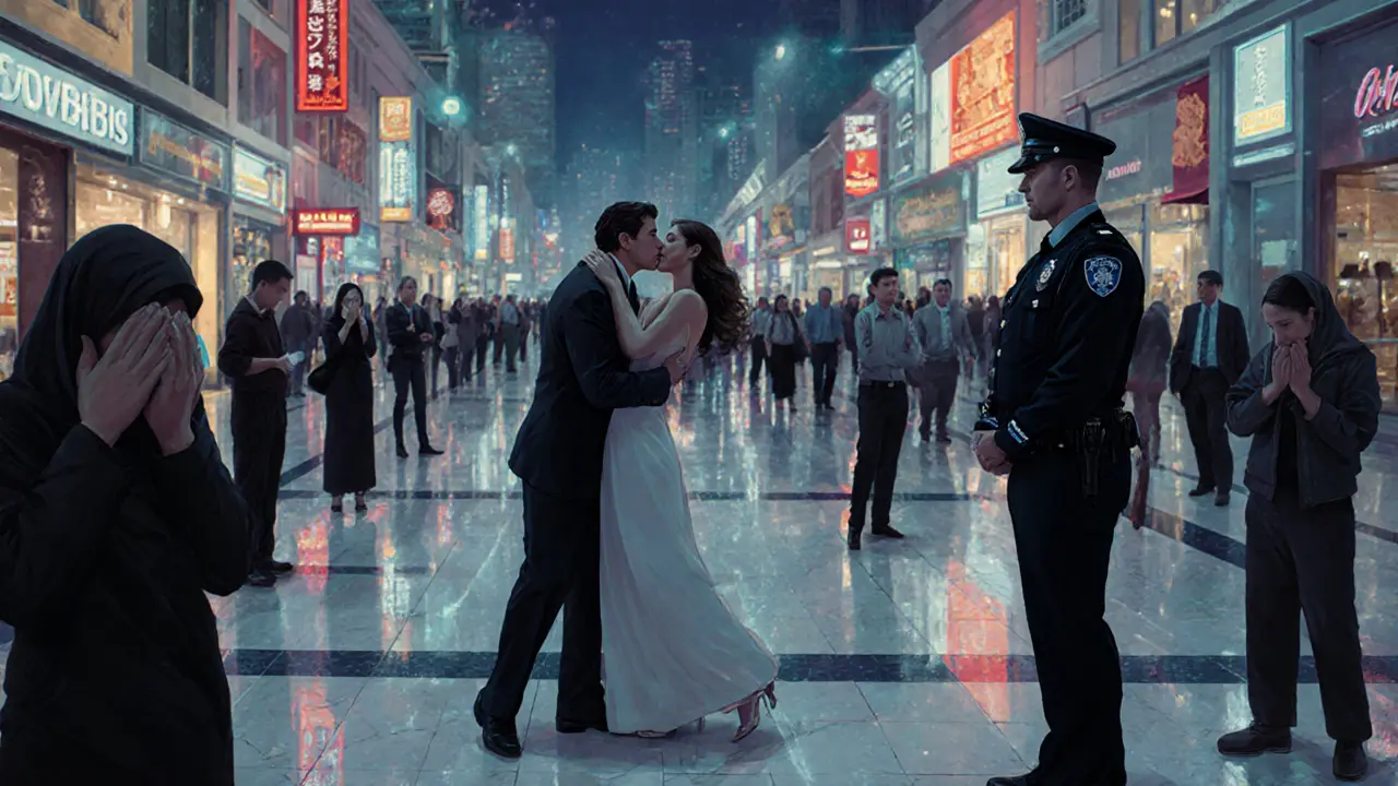 A couple in a Dubai mall pulling apart as a police officer approaches, bystanders looking away.