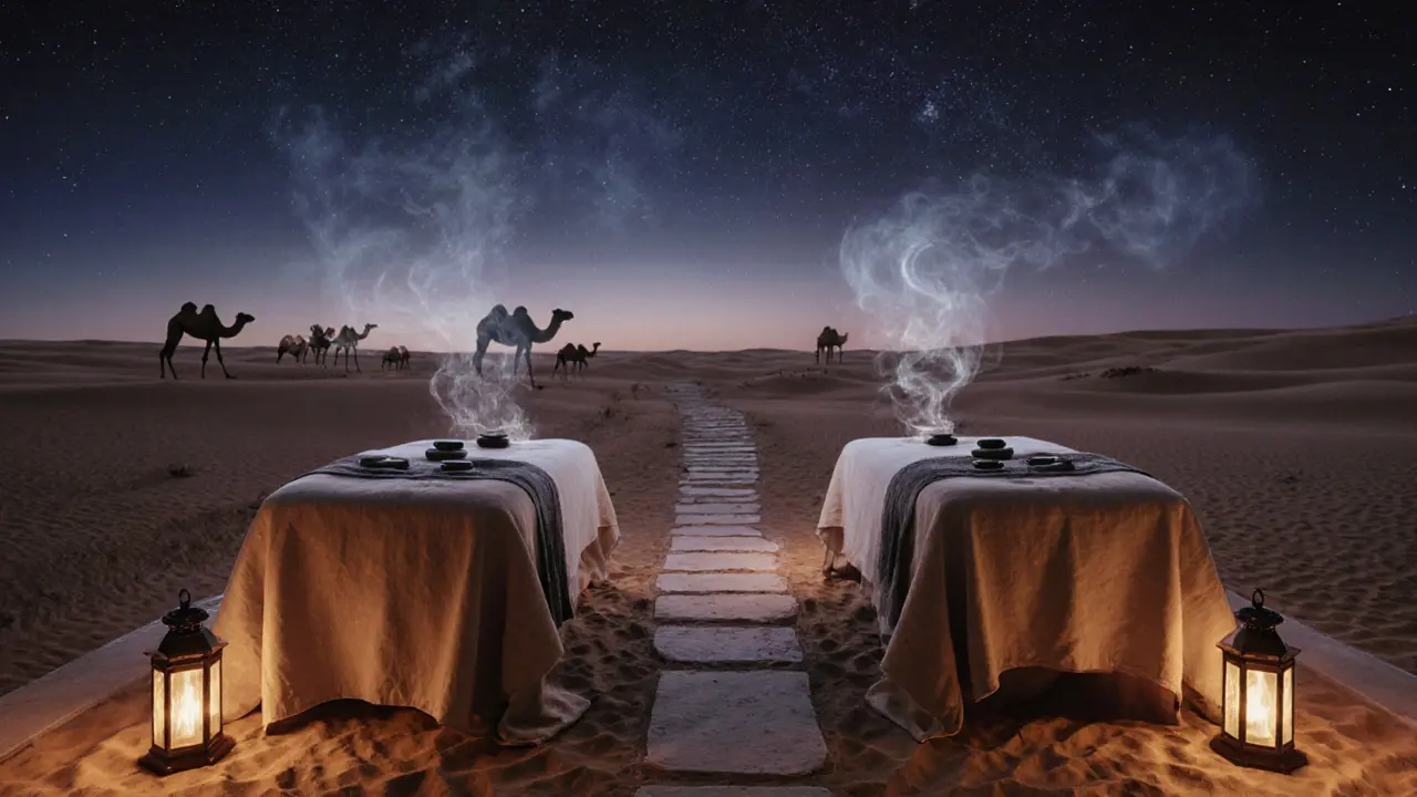 A couple receiving side-by-side massages under the stars in a desert resort with distant camels.