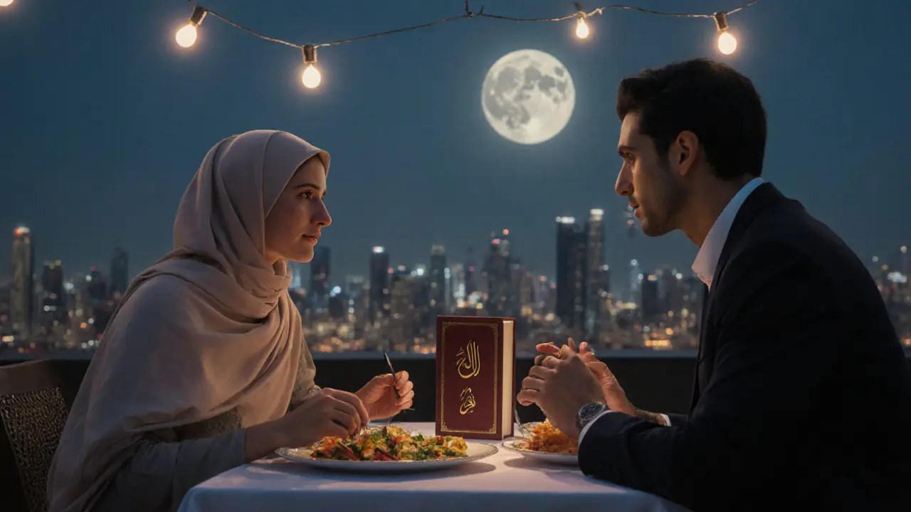 A couple shares a rooftop dinner in Jumeirah, with an Arabic book between them under soft string lights.