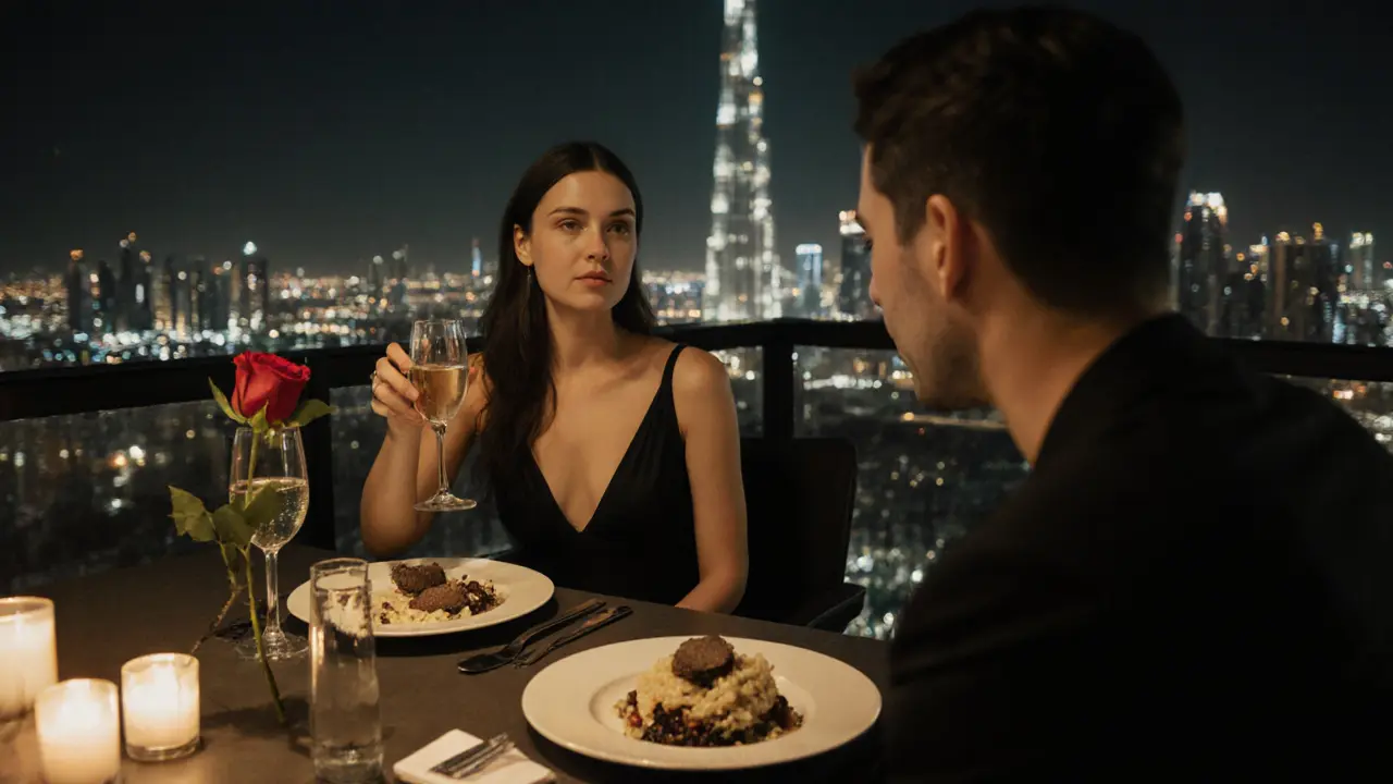 A couple sharing a quiet dinner at a rooftop lounge with the Burj Khalifa glowing in the distance.