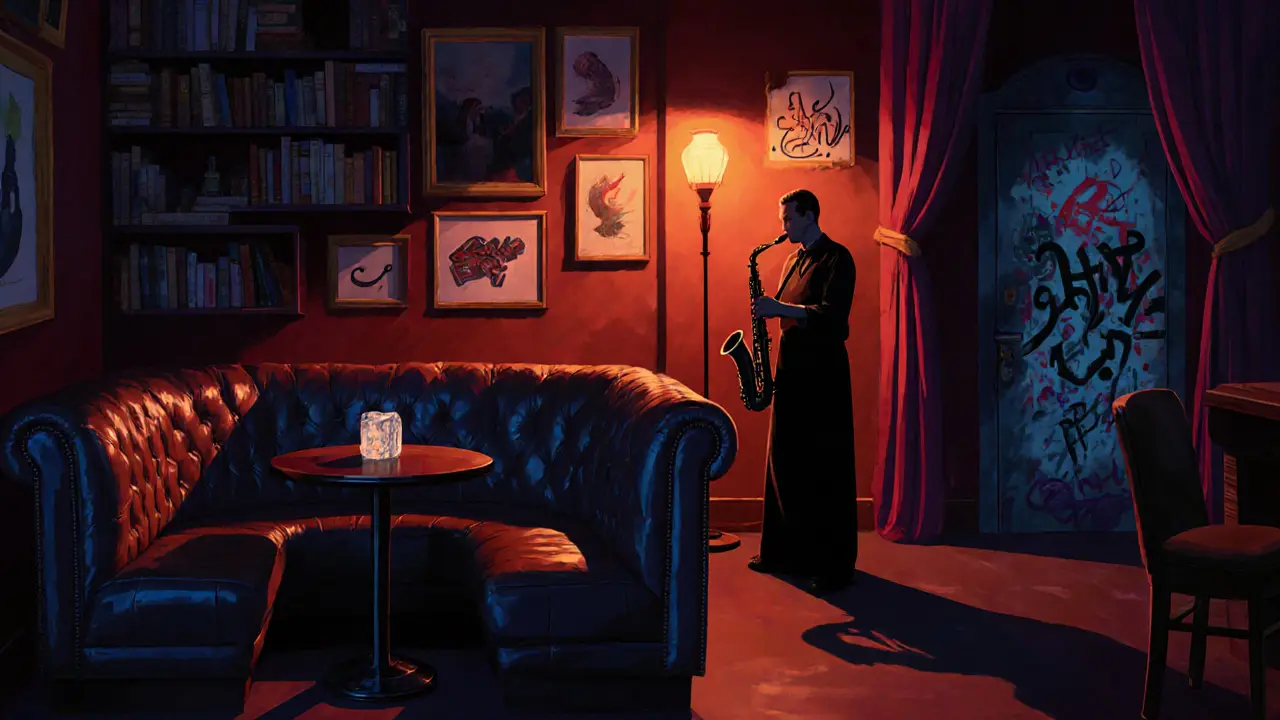 A dimly lit speakeasy with a bartender carving ice and a saxophonist playing in the corner.